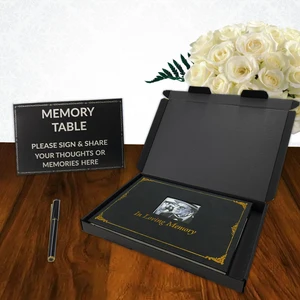 Gold Embossed Leather Hardcover Notebook Signature and Memory Book for Funerals Includes Picture Pocket