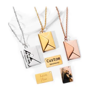 Stainless Steel Envelope Secret Letter Charm Locket Pendant Valentine's Day Gift Matching Custom Engraving Letter Chain Necklace