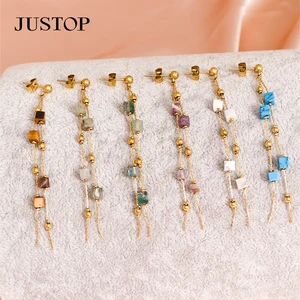 Korean Fashion Stainless Steel Gold Plated Daily Anniversary Jewelry Gifts Green Tassel Crystal Long Square Drop Earrings for