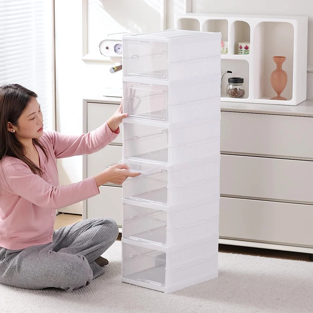GUDEMAY Boîtes à chaussures pliable avec portes transparentes - Étagère à chaussures en plastique empilable et peu encombrante pour baskets jusqu'à la taille 46 - Sans installation (blanc - 3 niveaux