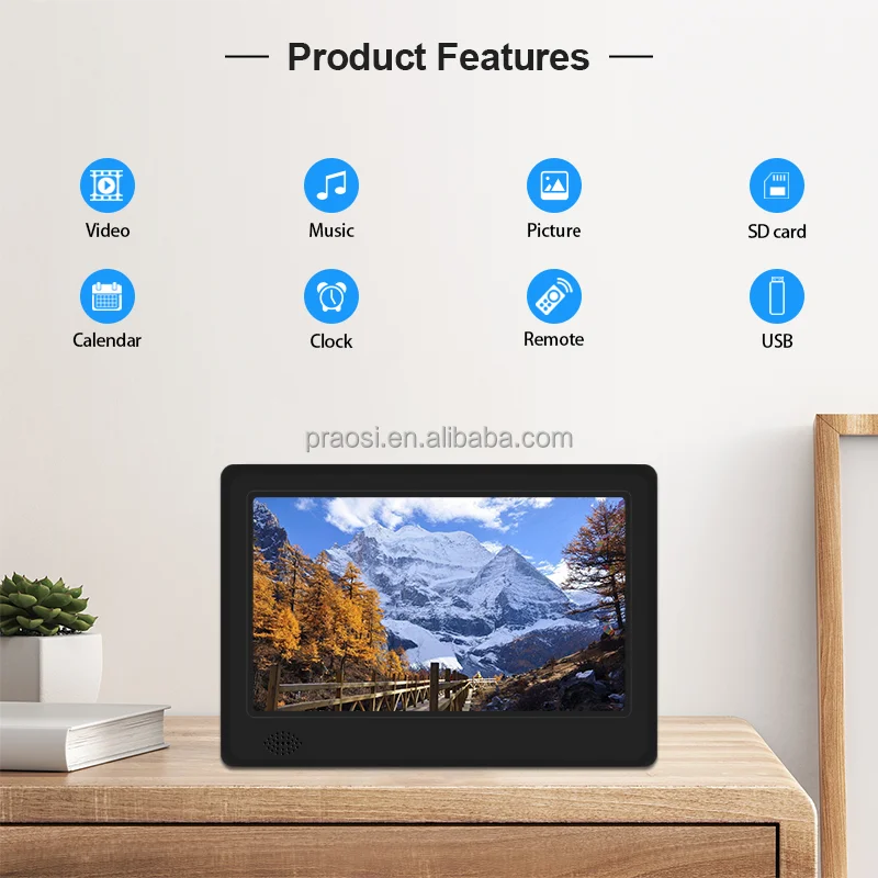 Pros Digital Picture Frame 7 Inch Digital Photo Frame Remote Control 1080P Video Music Calendar Wall Mountable SD Card USB Drive