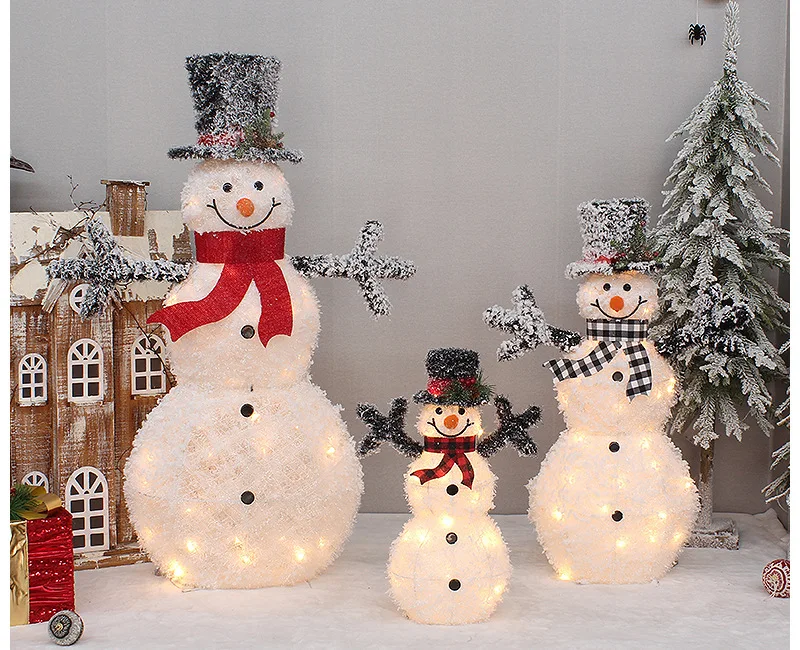 Versandfertig 3-teiliges Set Weihnachts-Metall-Schneemann LED-Licht Weihnachtliche Schneemann-Dekoration für Hof, Zuhause, Einkaufszentrum, Feiertagsdekoration