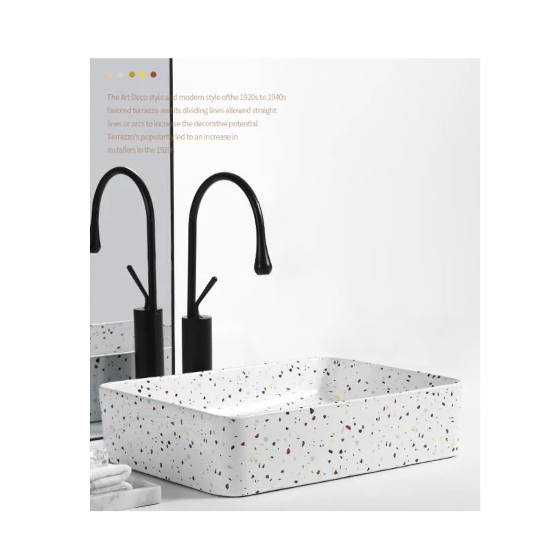 Ceramic Terrazzo Sink Rectangular Washbasin Bowls Countertop Vanity Washing Vessel Lavatory Bathroom