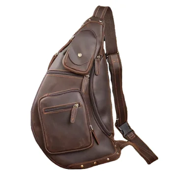 switen Retro Crazy Horse Genuine Leather Multi Pocket Sling Bag Men's Shoulder Crossbody Bags Leather Men's Chest Bags