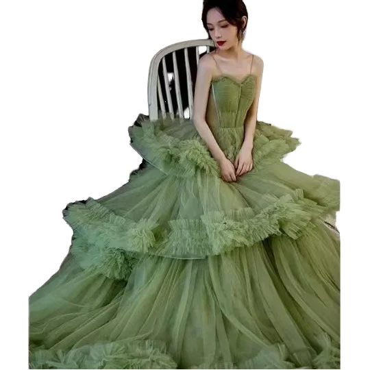 Green Evening Wedding Dress Women Banquet Light Luxury High-End Style Spaghetti  Strap V-neck Ball Gown Floor-Length| Alibaba.com