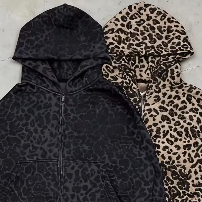 OEM Custom Leopard Print All Over Print Long Sleeve Vintage 100% Cotton French Terry DTG Print Streetwear Boxy Fit Zip up Hoodie gallery 4