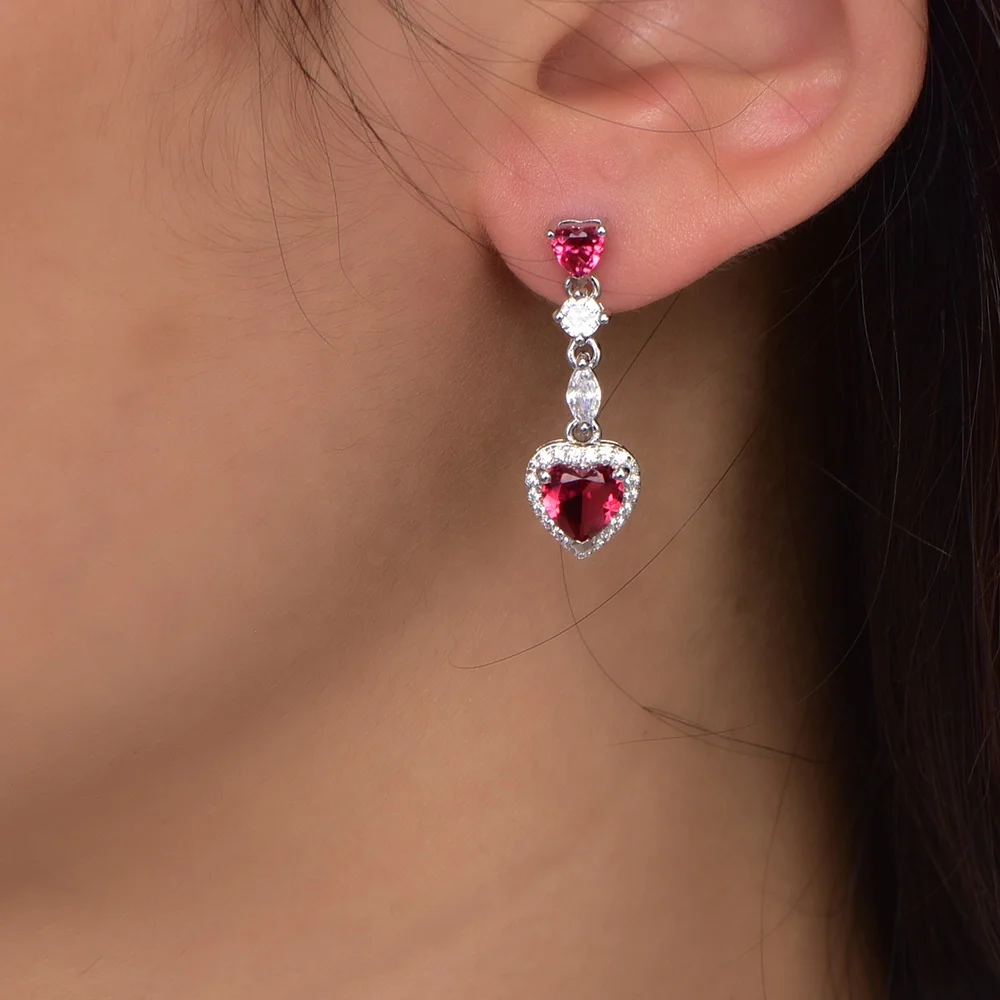 Women Fashion Silver Jewelry Heart Dangle Earrings CZ Zircon Ruby Diamond Earrings Handmade Drop Earrings