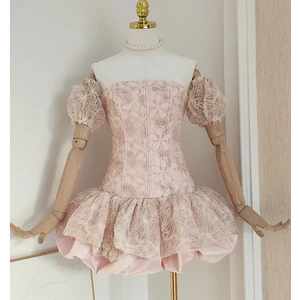 AELESEEN Factory Wholesale Sweet Pink Princess Strapless Flower Embroidery Mesh Trim Ruffled Puffy Sexy Bow Mini Dress