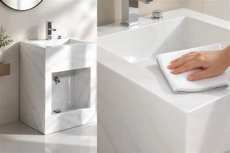 Microfiber cloth wiping the smooth non-porous surface of a sintered stone wudu basin