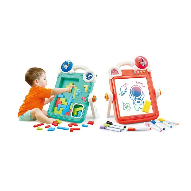 2 in 1 Electronic Double Side Educational Brick Game Painting Table Toy Kids Drawing Board DIY Puzzle Building Blocks with Music