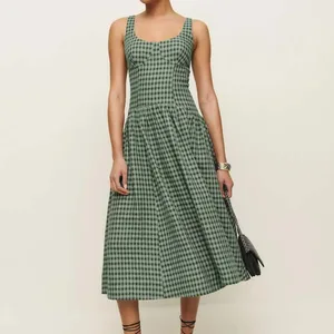 Manufacturer Vintage Women's Elegant U-neck Backless Tight Waist Custom Plaid Sleeveless Midi Dress