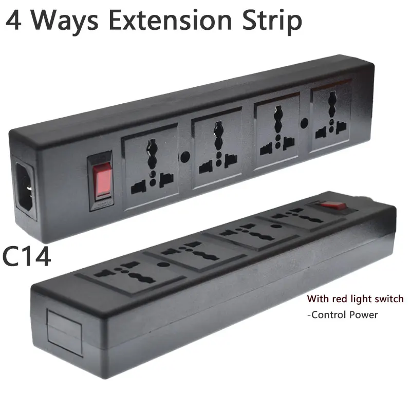 Universal Multi Plug Sockets 4 Outlet Power Strip Individual Switch Red Light Black Detachable