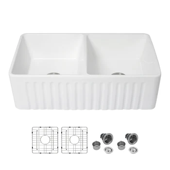 33 Inch Apron Front Doule Bowl Sink Ceramic Porcelain Fireclay Sink for kitchen White Farm Sink  with Custom 33"x18"x10"