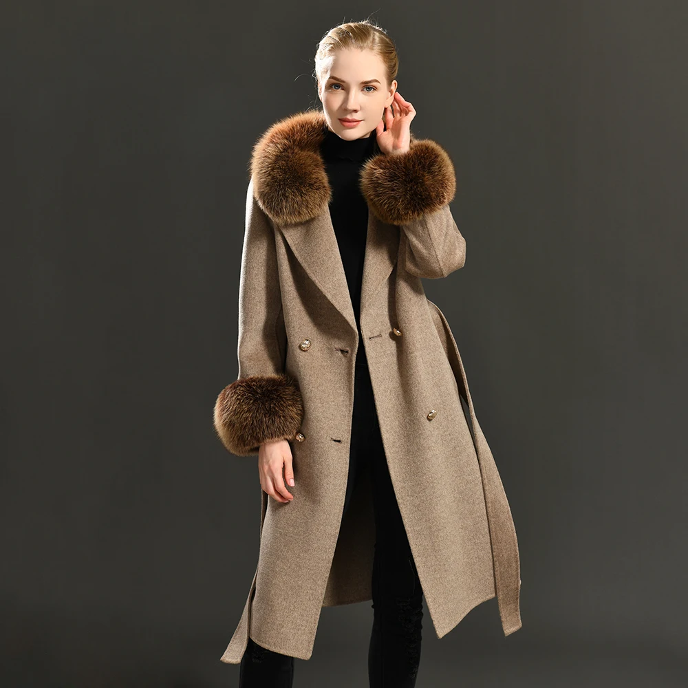 Winter Double-Breasted Trench Cashmere Jacket with Fur