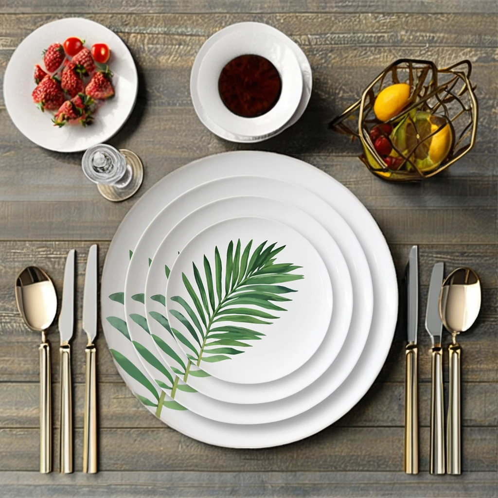 Creative Green Leaf Pattern Printed Ceramic Dinner Plates Eco-Friendly Bone China for Charger Plate for Home and Wedding Use