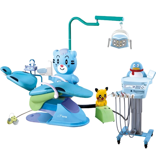 Beautiful children's dental treatment chair double armrests sky blue innocent cute movable tool tray with memory system factory