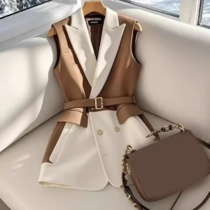 GX8961 Fashion 2026 Women Clothing Boutique Sleeveless Turn Down V-neck Vest Ladies Sexy Jacket with Belt