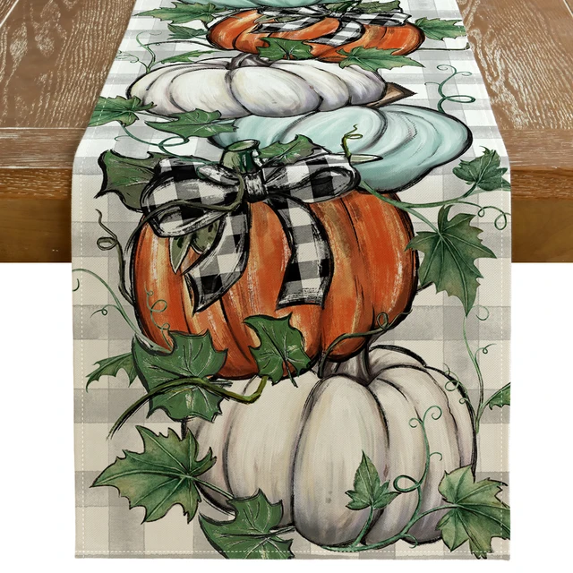 Fall Table Runner Plaid Check Pumpkins Leaves Farmhouse Table Decoration for Kitchen Indoor Outdoor Party (Orange Pumpkins)