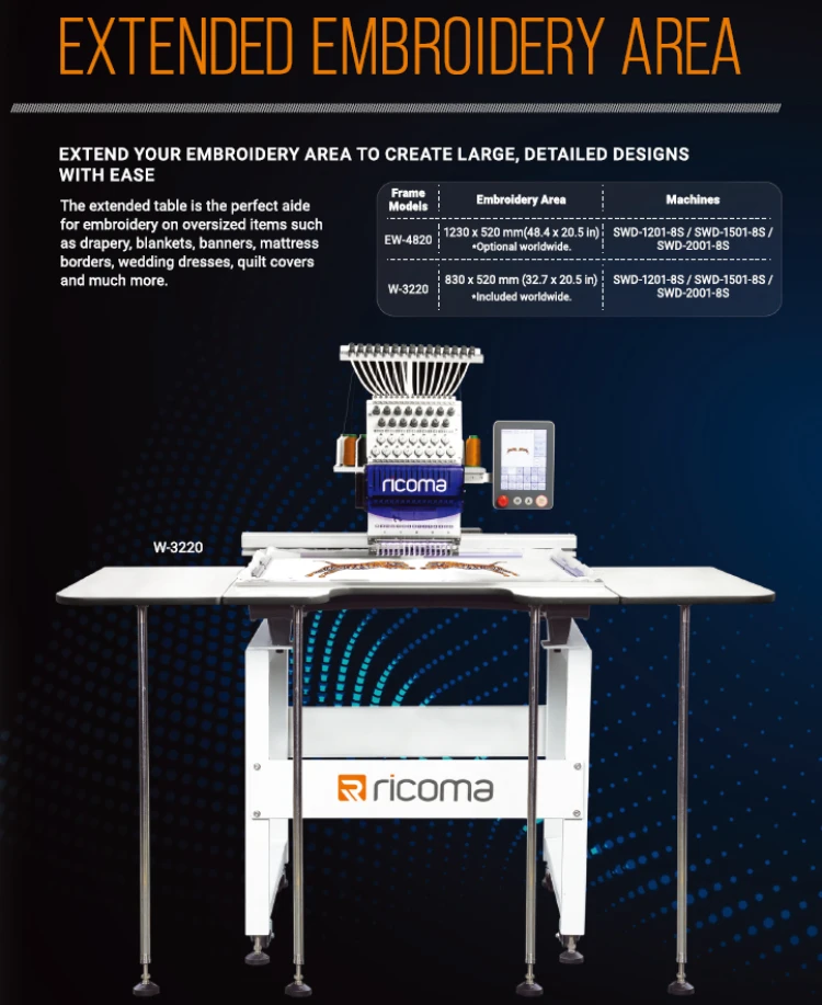 Ricoma SWD-1501-8S LARGE AREA Commercial Embroidery Machine