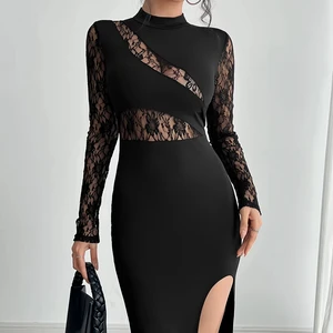2025 Autumn and Winter New Women's Sexy Lace Split Bodycon Solid Color Dress