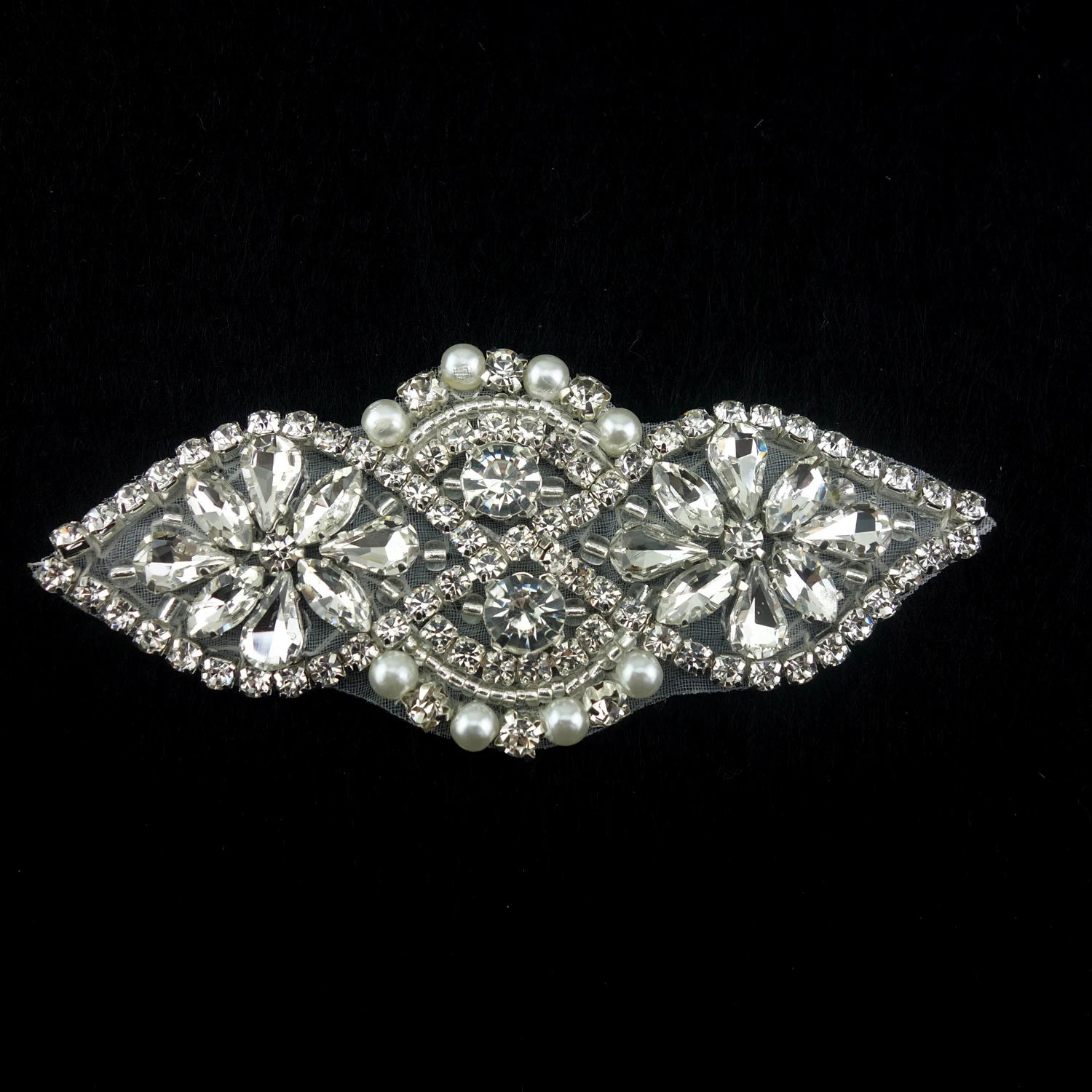 Silver Black Crystal Rhinestone Diamante Trim Sew on Applique Motif for Wedding 