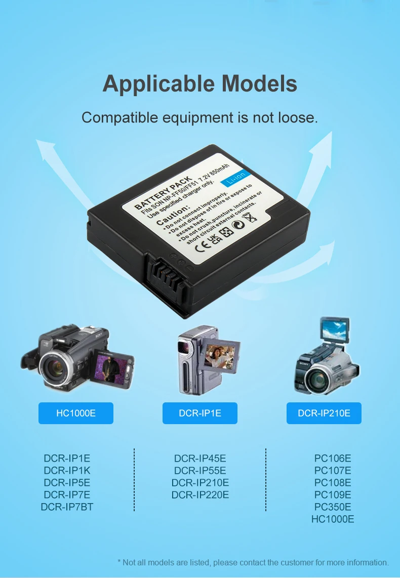 Replacement battery NP-FF50 NP-FF51 for Sony DCR-1P1E HC1000E DCR-IP210E Camera supplier