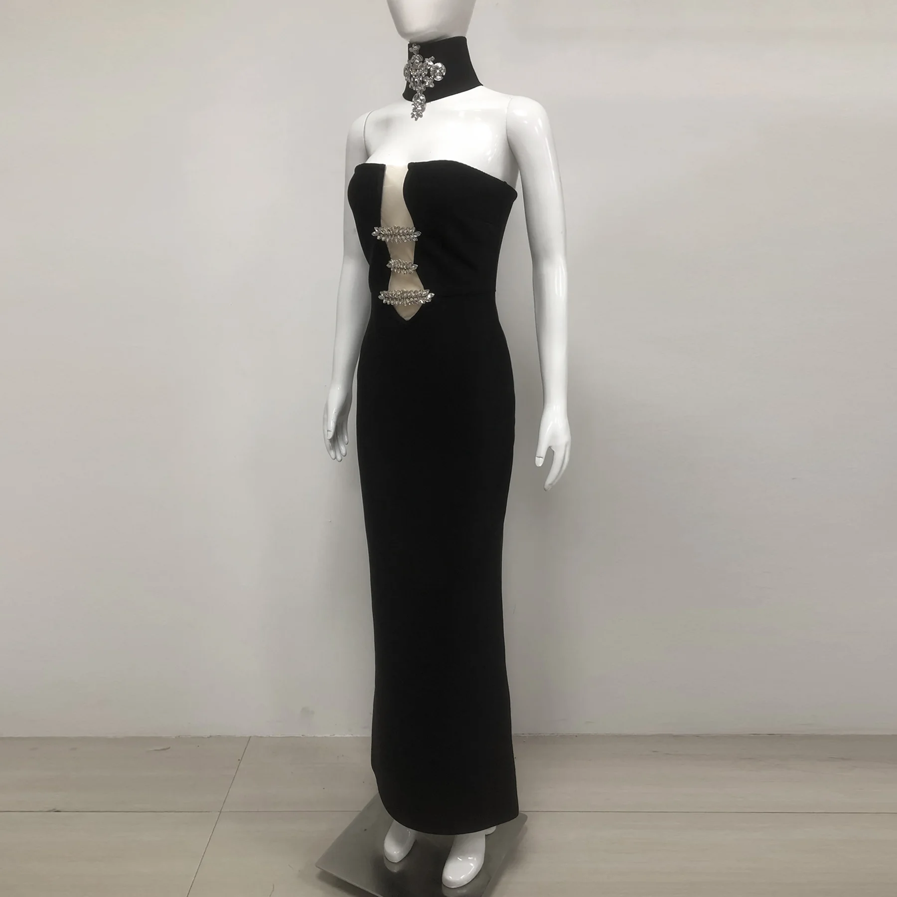 Sb3383 Black Bandage Dress Strapless Bodycon With Crystals Polyester Satin Floor-length Summer Party Wear Dresses Washable