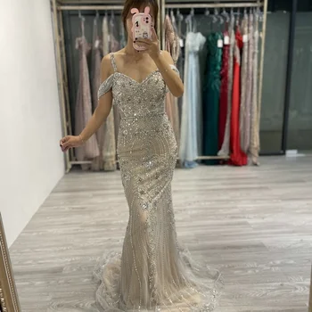 Luxury Beaded Sleeveless Goddess Mermaid Evening Dresses By Hand Made Crystal Backless Pageant Prom Dresses For Ladies