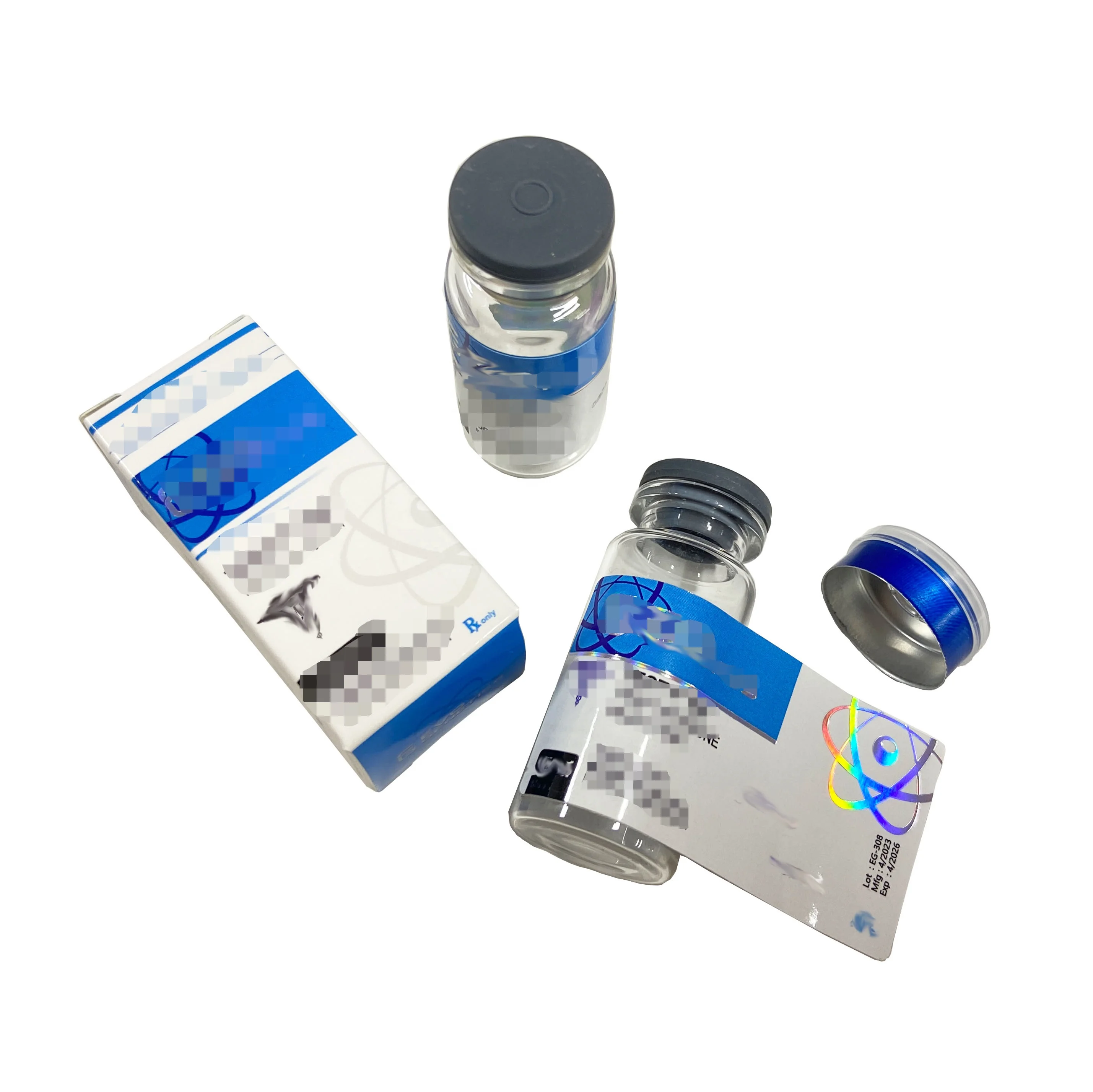 Individuelle Druckvorlagen für 10ml-Fläschchenverpackungen, 10ml-Karton mit Hologrammetiketten, klare Fläschchen mit Gummistopfen und Verschluss.