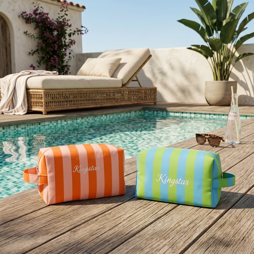 Wholesale Custom Embroidered logo Summer Hot Stripe Beach Cosmetic Bag Waterproof Zippered Skincare Makeup Storage Nylon Pouch