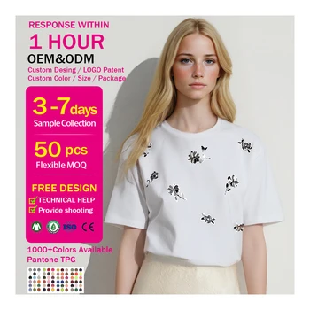 Customizable Women's White Summer Oversized T-Shirt 180 GSM Cotton with Sequin Embroidery O-Neck Short Sleeve Loose Fit