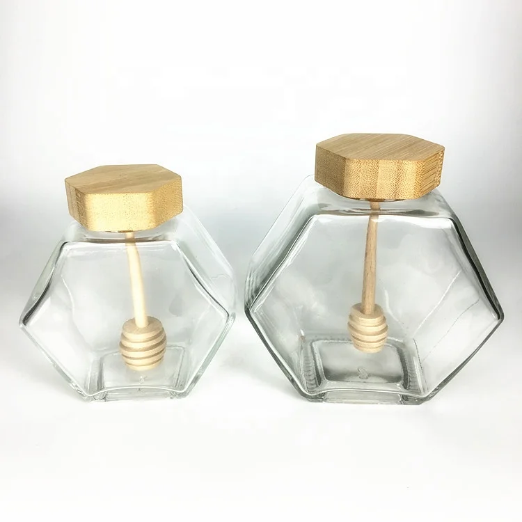 Empty glass hexagon honey jars bulk with dipper lid 220ml 380ml