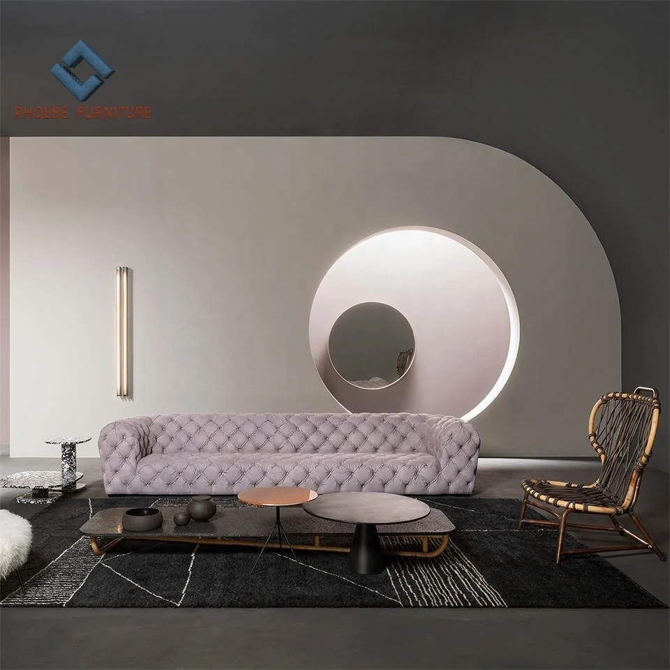 Luxury Top Grade Nubuck Chesterfield Genuine Leather Tufted Chester Moon Sofa Set