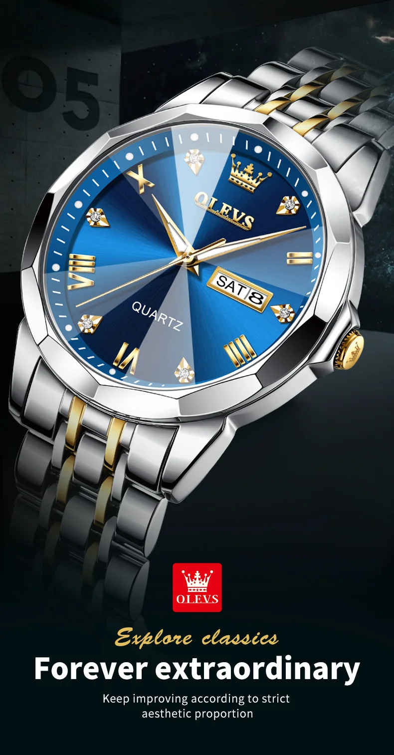 OLEVS 9931 Men's Watches Rhombus Mirror Original Quartz Wrist Watch Waterproof Luminous Stainless Steel Wristwatch for Men Male