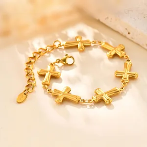 New Style 18k Gold Plated Stainless Steel Bracelet Women Cross Link Chain Religious Bracelet