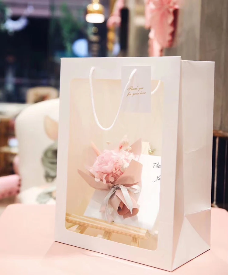 Unique Bargains Paper Gift Bag with Transparent Window Pack Bouquet Bag Pink