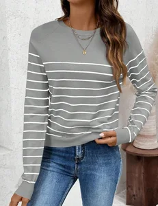 2025 Women's All-Season Pullover Top with Lined Striped Knitted Long Sleeves Viscose Material for Autumn Season with Front Logo