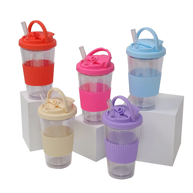BORGE Customized 16OZ/480ml Double Layer Plastic Reusable Bubble Tea Cup Tumbler With Straw