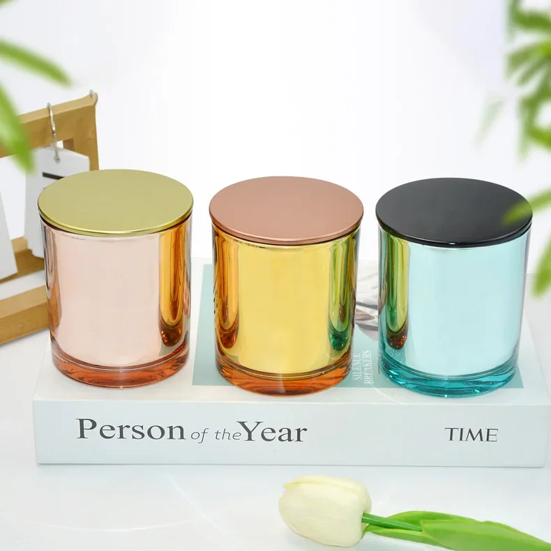 Customer Empty 220ml 7oz 10oz Rose Gold Pink Iridescent Glass Candle Jars Plated Silver Gold