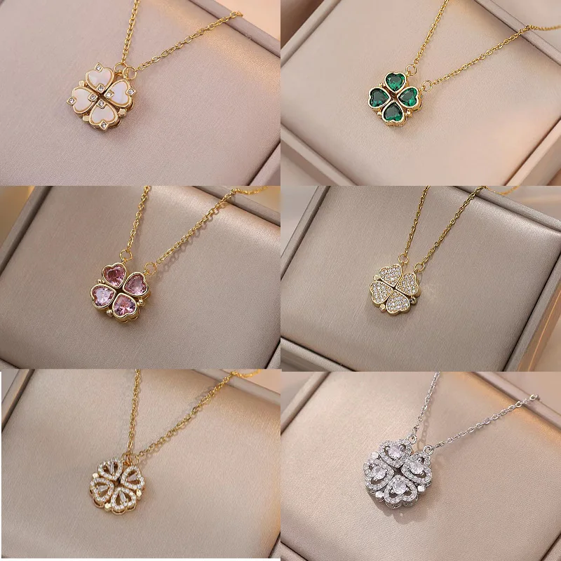 Luxury Gold Zircon Clover Heart Necklace
