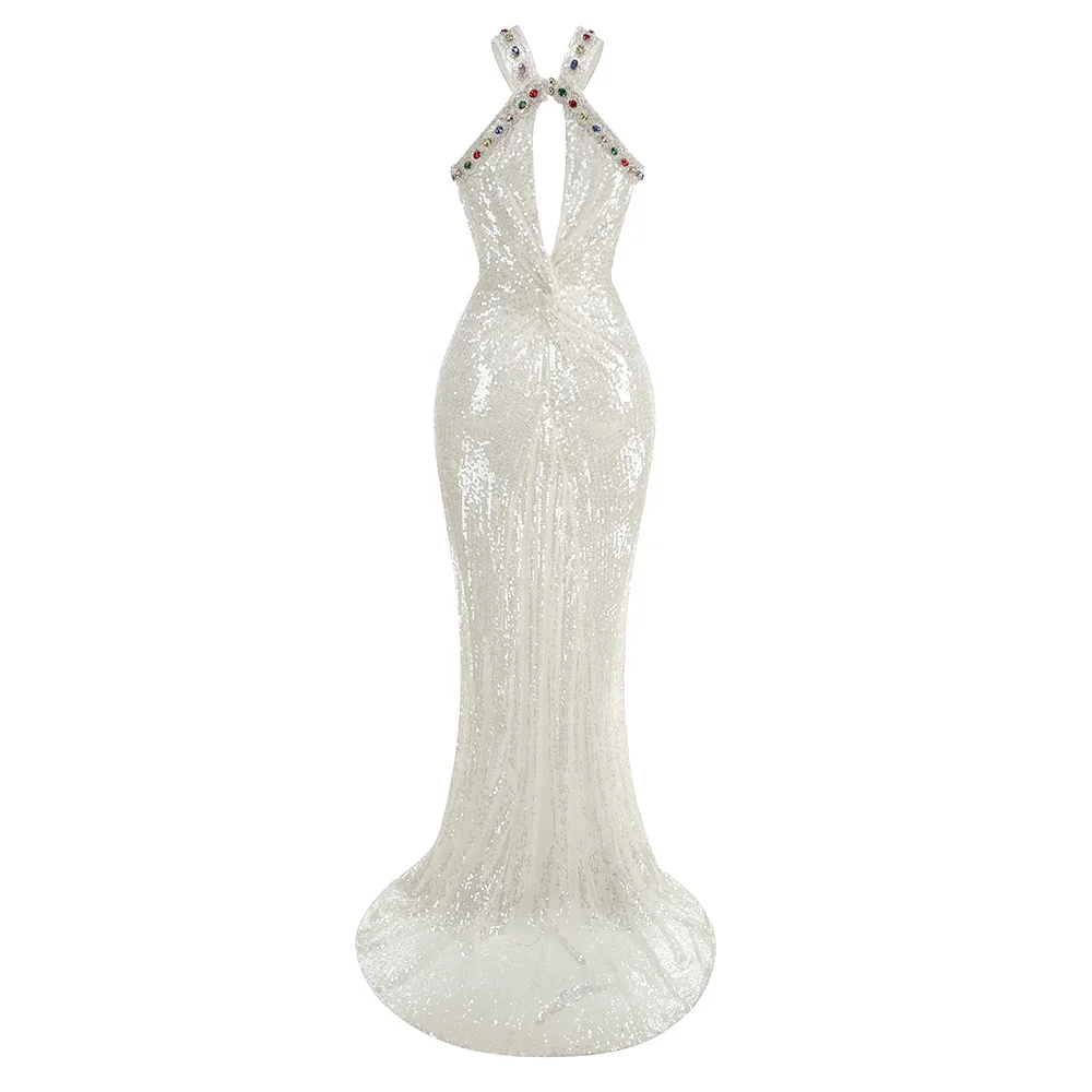 Sexy Asymmetrical Straps Crystal Hollow Out Maxi Dress Women White Sequins  Backless Slim Mermaid Long Dresses Evening Party
