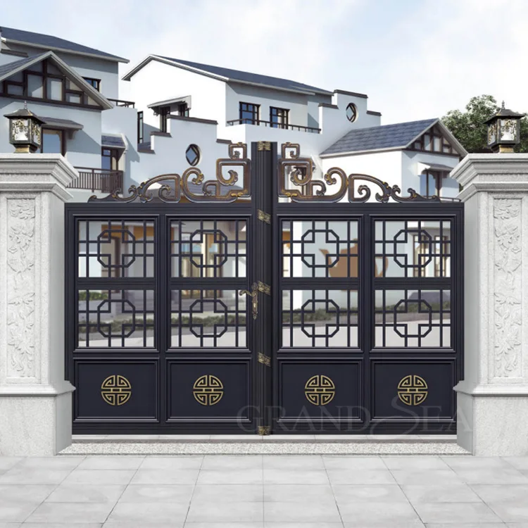 Classic Style High Quality square Shape Flower Pattern Aluminum Exterior Electric  Yard  French Iron Gate
