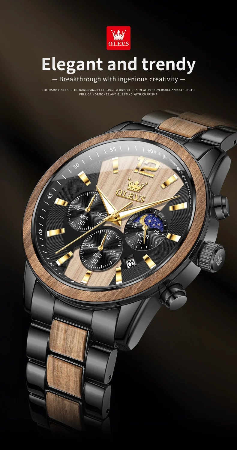 Olevs 3645 Quartz Chronograph Men Calendar Watch Round Textured Solid Wood Luxury Glass Luminous Hands Business Watches for Men