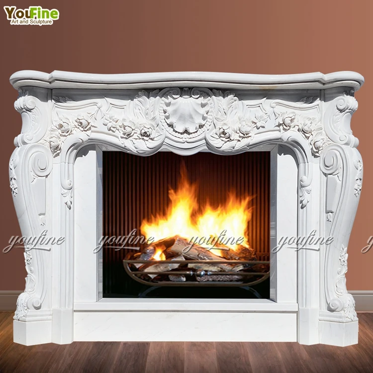 YouFine Hand Carved Natural White Marble Fireplace Mantel Arched French Style Figured Statue Fireplace Surround Luxury Decor