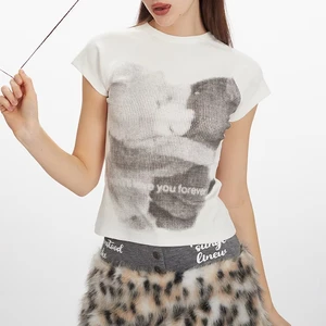 Women's Summer Casual Bear Printed Short-Sleeved T-Shirt Fashion Top Knitted Tess Tops Loose Fit