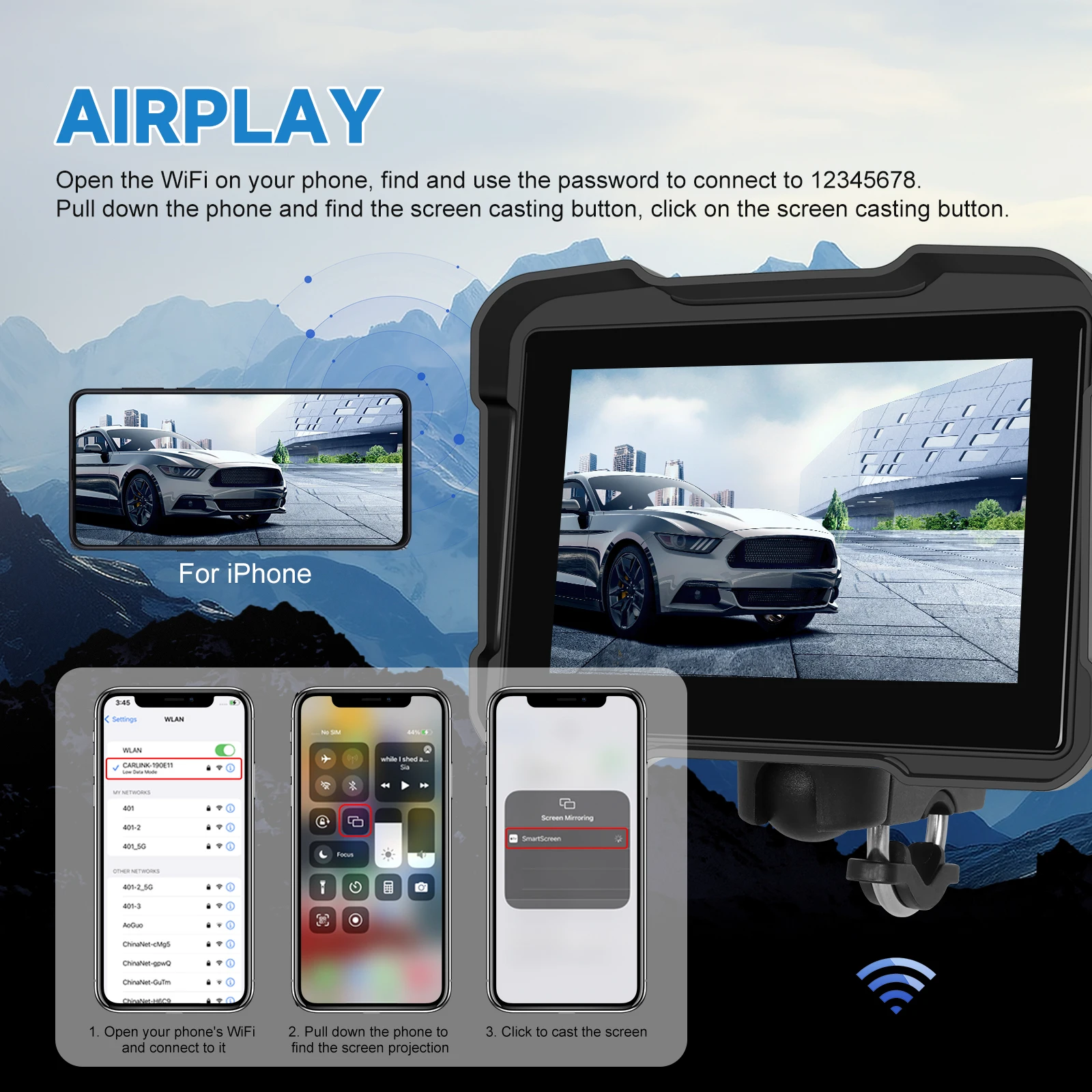 android auto monitor ip67 waterproof for motorcycle support airplay android cast bt a3910-2