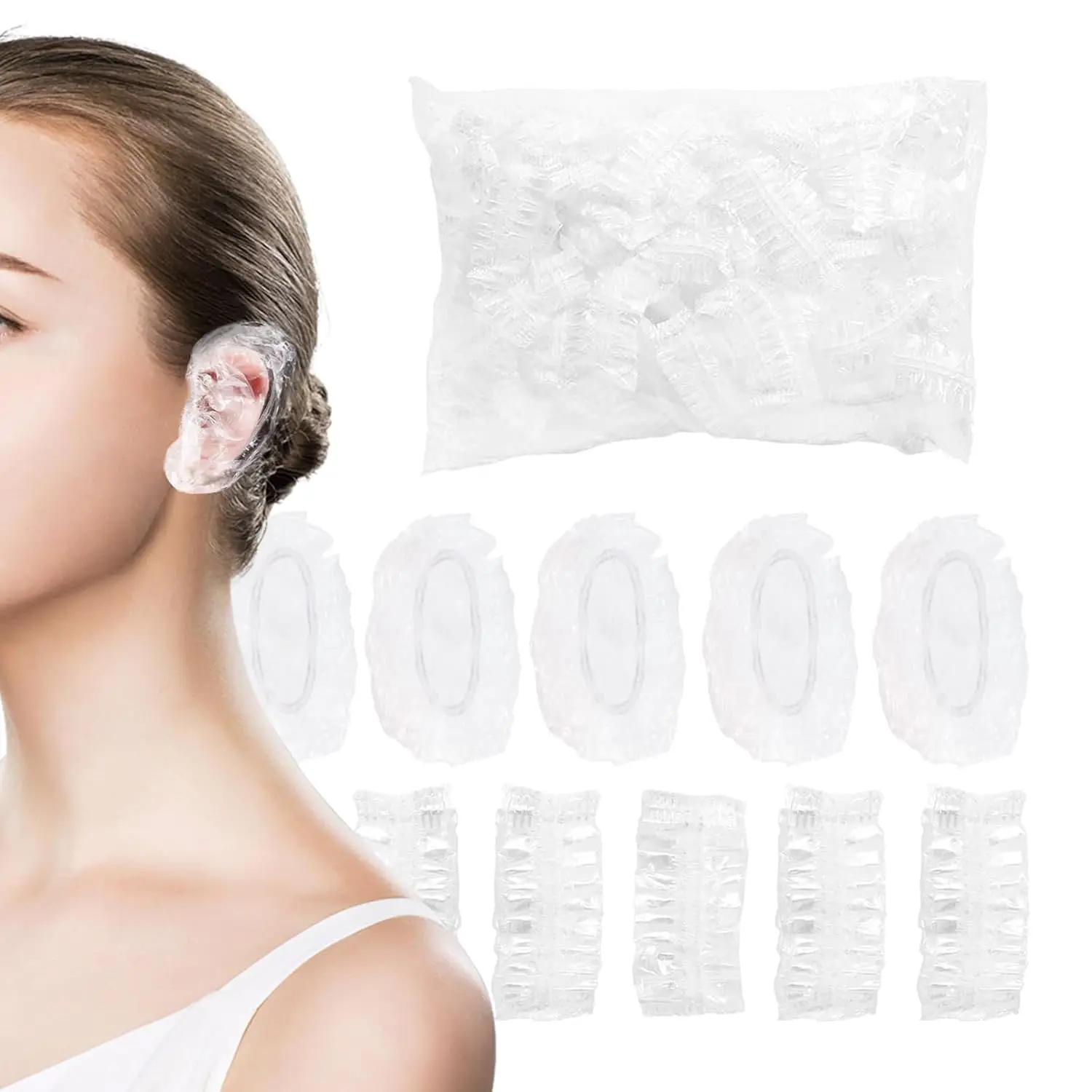 Hubei Haixin Clear Disposable Plastic Shower Ear Protectors Waterproof Ear Covers Shower Caps for Hair Dye Bathing
