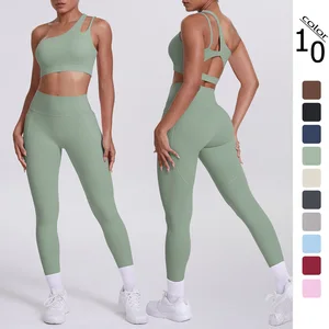 Cloud Sense Women's High Waist Hip-Lifting Yoga Sports Bra Set Quick-Drying Running Fitness Suit One-Shoulder Beautiful Solid