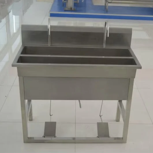 Industrial stainless steel hand basin with foot pedal operation control for slaughterhouses, food processing