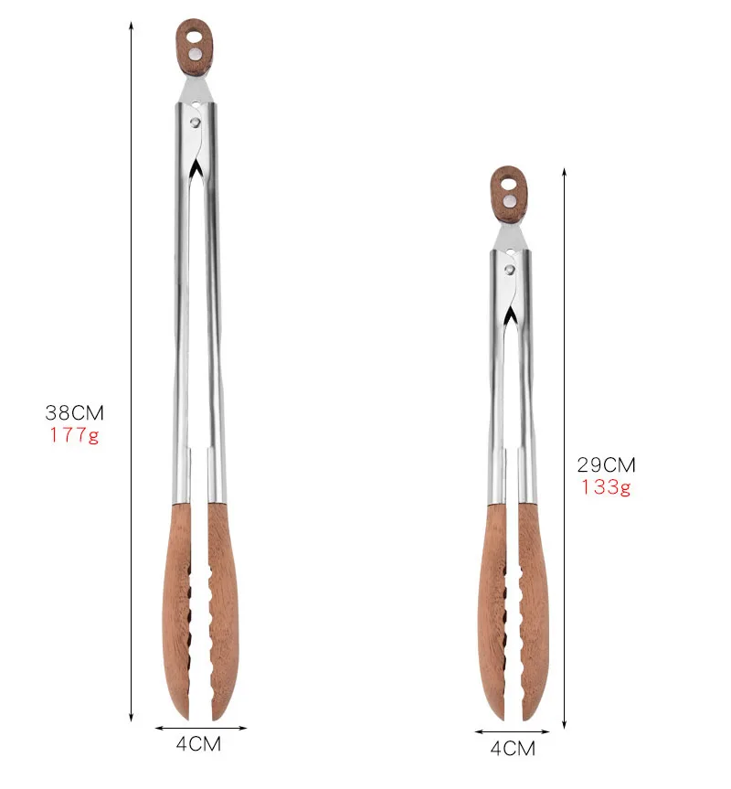 Hot Sale Stainless Steel Walnut Olive Wooden Kitchen BBQ Spaghetti Meat Garlic Clip Fry Food Tongs With Wood Lock details